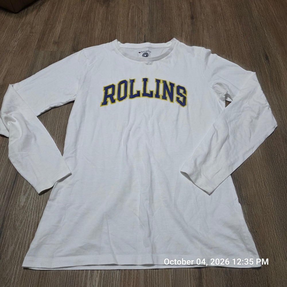 Champion Rollins College Long Sleeve Tee White Blue Yellow Graphic Shirt Medium